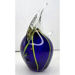 Hand Blown Art Glass Angelfish Paperweight Figurine Cobalt Blue w/ Yellow Stripe